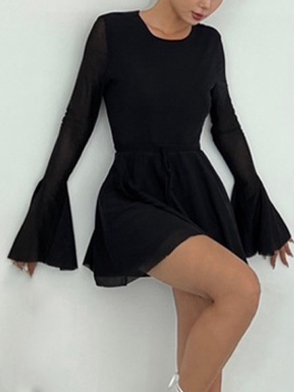 Solid Color Mesh Splice Backless Flare Sleeve Mini Dress-2