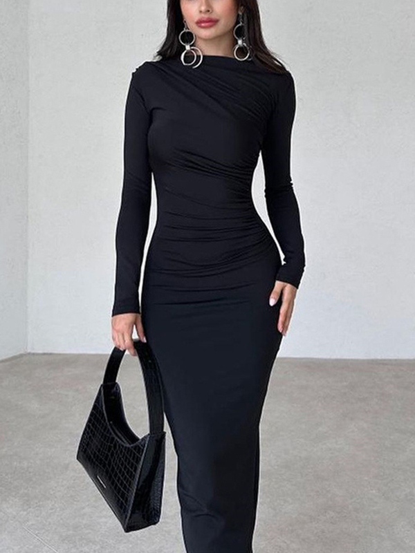 Solid Ruched Long Sleeve Maxi Dress-1