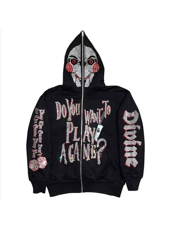 Men's Hip Pop Rhinestone Print Oversized Hoodie-3