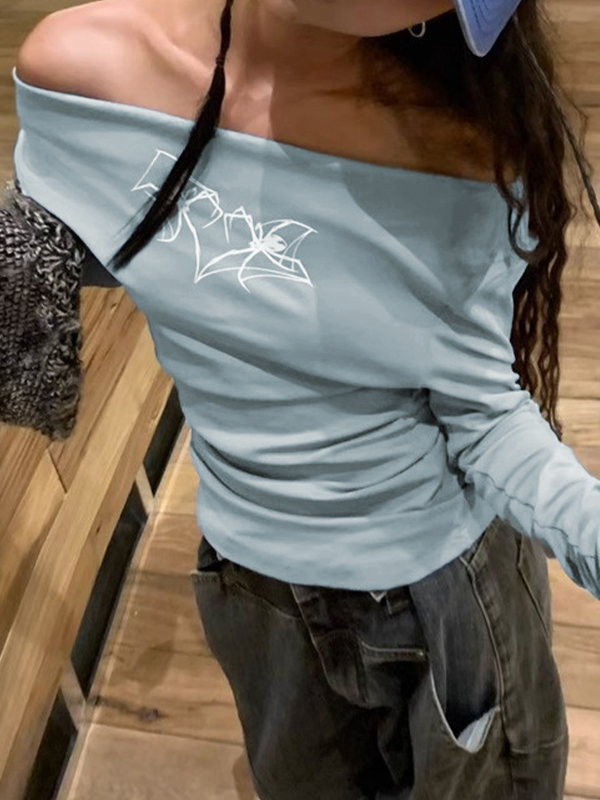 Spider Print Off Shoulder Long Sleeve Tee-1