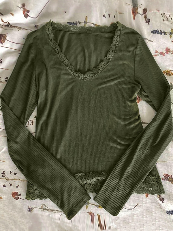 Solid Color Rib Lace Trim Slim Long Sleeve Knit-3